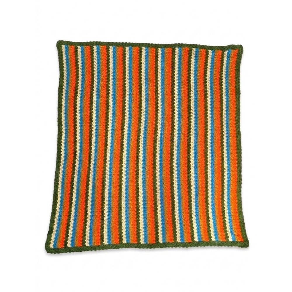 Vtg 70s Crochet Chevron Ripple Afghan Blanket Retro Orange Blue Green 60x60